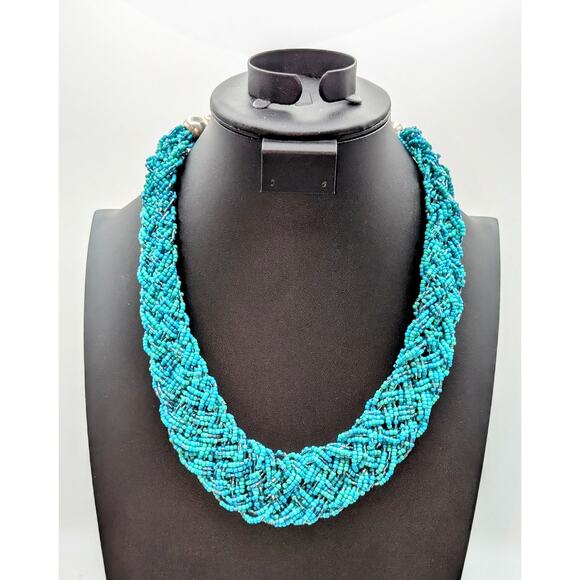 Braided Aqua Seed Bead Wide Collar 19"-22" Necklace - Picture 1 of 6